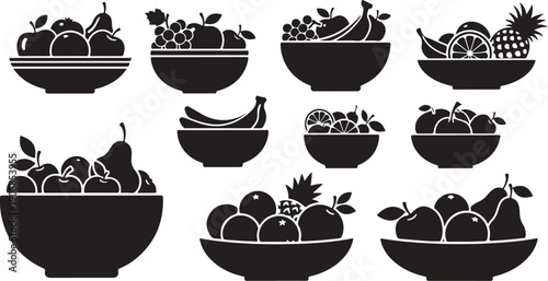 Black and white fruit bowl illustrations with various fruits
