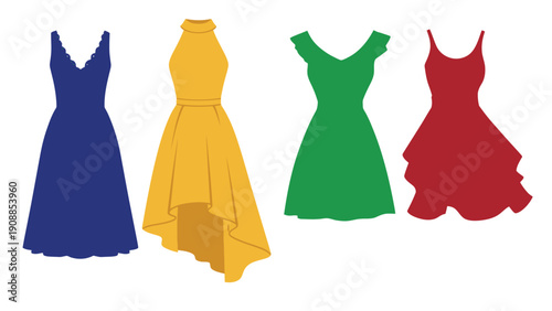 Dresses vector illustrations in different colors and styles for fashion design