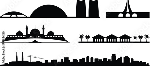 Assorted architectural forms, industrial settings, and urban city outlines