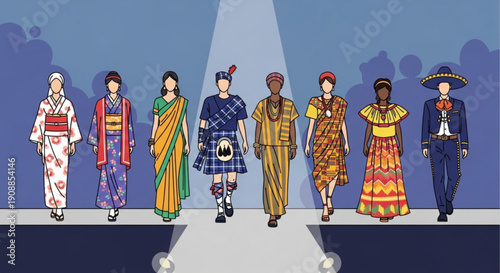 Fashionable people in traditional clothing from around the world walking down a runway in a modern style illustration