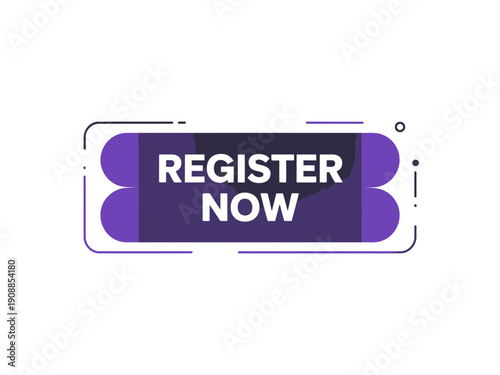 A modern vector graphic illustration of a purple button with the words 'REGISTER NOW' in white text.