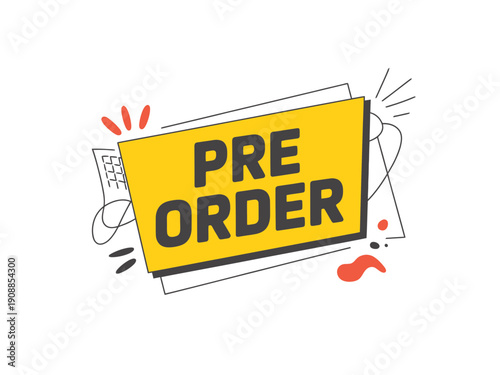 A vibrant pre-order banner with a yellow background and bold blue text, surrounded by dynamic lines and shapes.