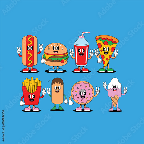 Cartoon fast food characters making peace signs hot dog vector illustration isolated on white background.