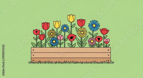 Colorful flowers in a wooden planter box on green background with grass