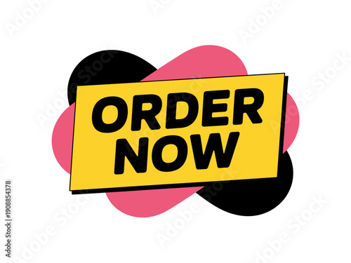 A vibrant yellow banner with the words 'ORDER NOW' in bold black letters, surrounded by overlapping pink and black circles, making a modern and eye-catching vector graphic.
