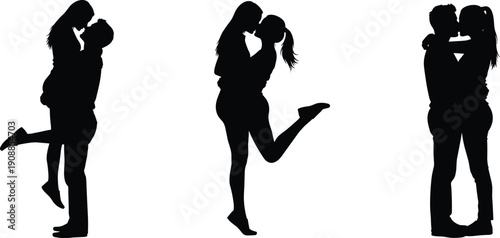 Romantic couple silhouettes kissing and embracing isolated black vector illustration showing love intimacy passion relationships on white background minimal design
