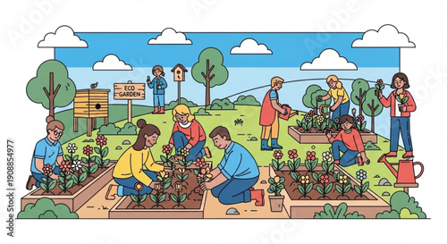 Community gardeners planting flowers and vegetables together outdoors in a sunny park with trees and a blue sky