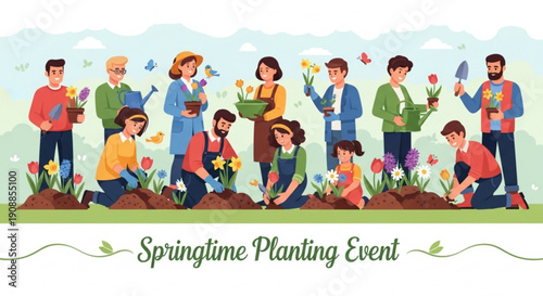 Diverse group of people planting colorful flowers and bulbs in soil during springtime community gardening event