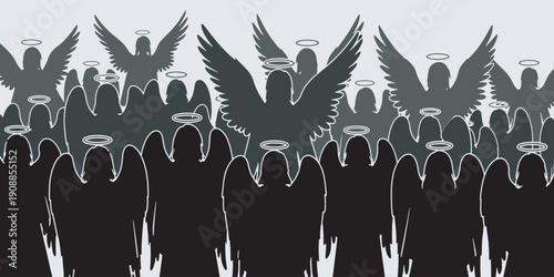 A multitude of angelic figures with wings and halos, depicted in a stylized, graphic art style.