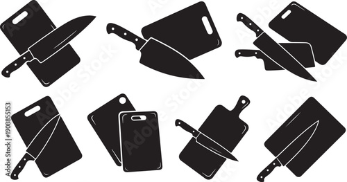 Black and white kitchen cutting boards with knives illustration
