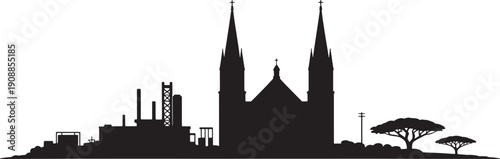 Religious and industrial skyline silhouette showing church architecture with factory structures
