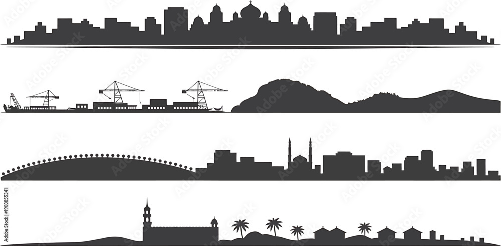 Obraz premium Various city skylines with different urban landscapes coastal scenes and natural elements silhouettes