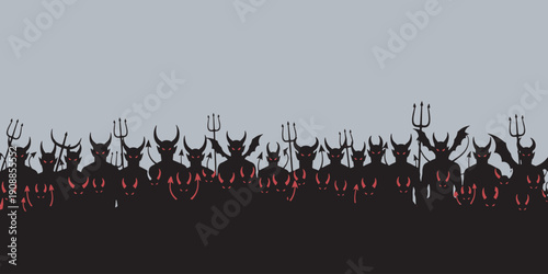 A menacing horde of demonic figures with horns and tridents stand silhouetted against a pale sky.