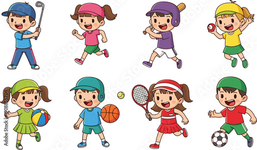 Cute, cartoon, kids, sports, collection, featuring, golf, running, baseball, cricket, volleyball, basketball, tennis, and, soccer, children,