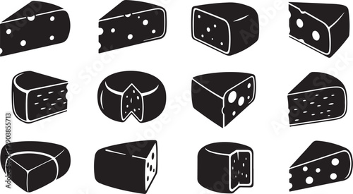 Various types of cheese in a simple black illustration