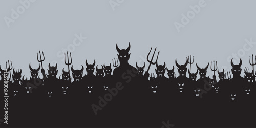 A large group of shadowy demons with horns and pitchforks stand together in silhouette against a pale grey sky.