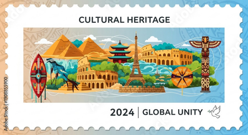 Cultural heritage stamp with global landmarks and symbols on white background