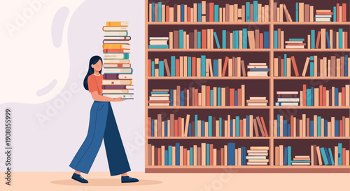 Woman Carrying Stack of Books in Front of Large Bookshelf Library Illustration