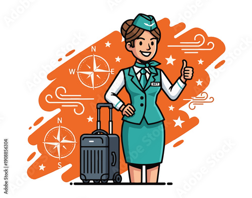 Friendly flight attendant with luggage giving thumbs up on travel adventure