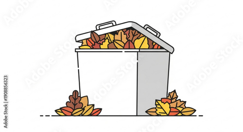 Colorful illustration of an overflowing trash can with autumn leaves