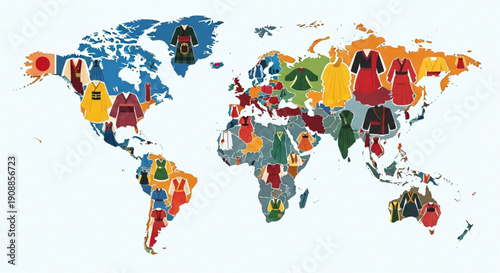 Vibrant world map with colorful house icons on countries global illustration