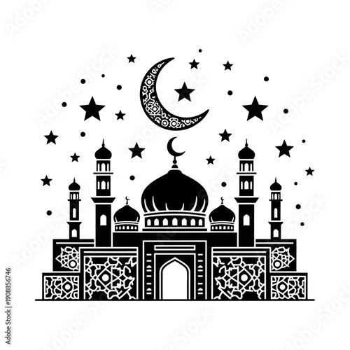 Islamic mosque architecture with crescent moon and stars at night ramadan symbol