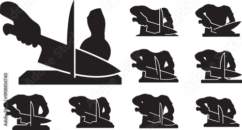 Silhouette of a person sawing wood in various positions