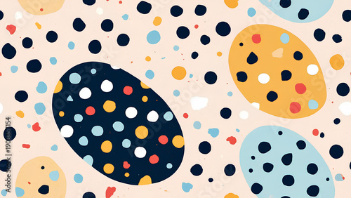 Abstract pattern with colorful polka dots and irregular shapes on light background, featuring navy, orange, blue, white, and red tones creating playful and dynamic design
