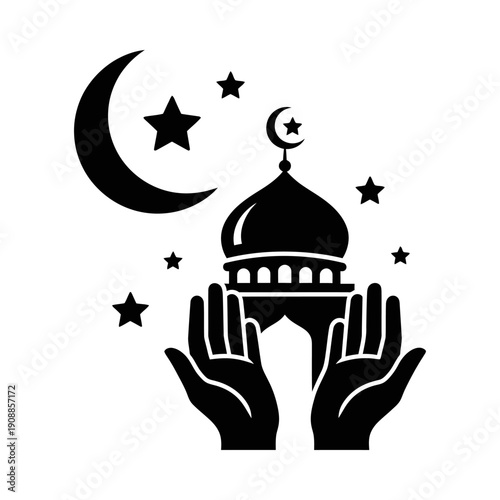 Black silhouette of hands holding a mosque dome with crescent moon and stars islamic symbolism for spirituality and faith