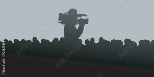Silhouette of a cameraman filming a crowd of people in a hazy, atmospheric setting.