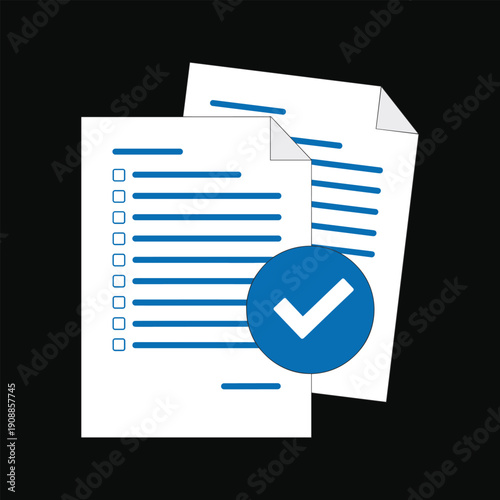 Two sheets of paper with blue lines and checkboxes and a checkmark checklist documents papers vecor.