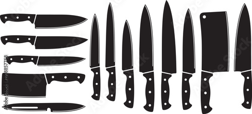 Collection of various kitchen knives and cutting tools displayed