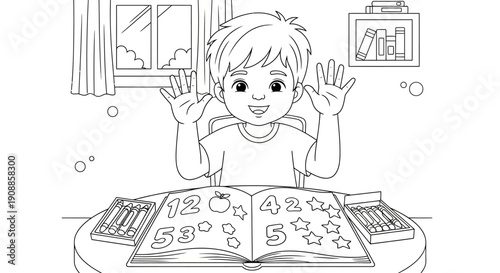 Boy Learning Numbers At Desk.