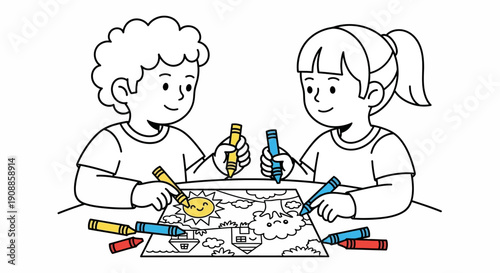 Two children coloring with crayons together.