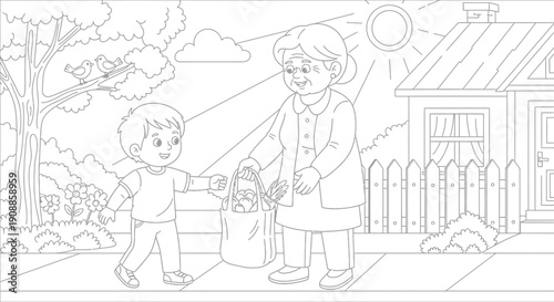 Elderly woman and young boy outdoors.