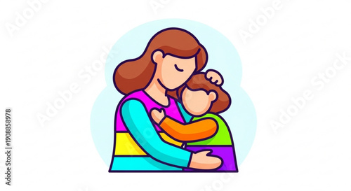 Mother hugging child emotionally in colorful clothes