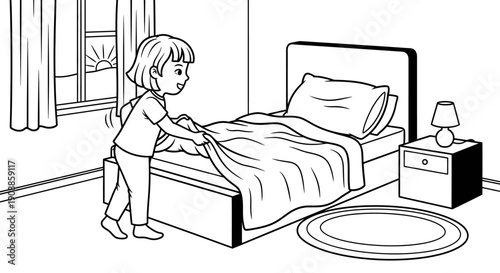 young girl making her bed.