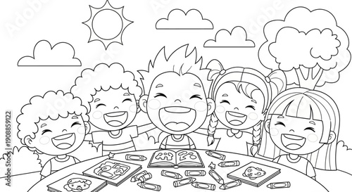 Children smiling at a table with art.