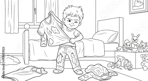 Boy holding pillow in messy room.