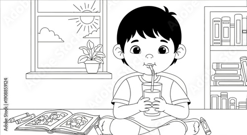 Young Boy Drinking from a Bottle.