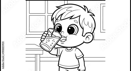 Cartoon Boy Drinking Milk from Bottle.