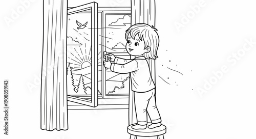 Child Looking Out Window Curiously.