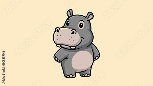 Cartoon hippo vector illustration, cute mascot logo style, simple shape, natural color, cream background