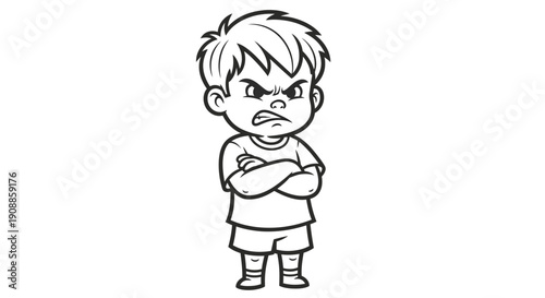 Angry little boy standing with arms crossed.