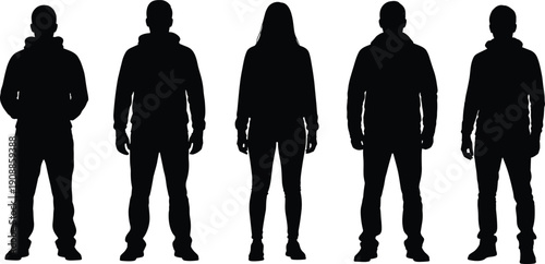 Black Silhouettes of Men and Women Wearing Casual Hoodies Standing in a Row Set Isolated on White Background for Urban Lifestyle Design Projects