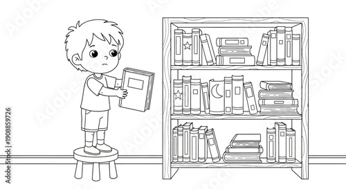 Boy standing on stool holding book.