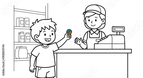 Cartoon boy buying from shopkeeper.