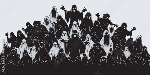 A large, diverse crowd of spooky, shadowy ghosts and specters gathered together, some with glowing eyes and outstretched arms.