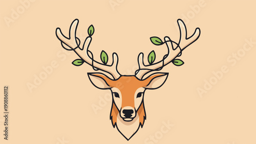 Cartoon deer vector illustration, nature logo style, simple antlers, green leaves
