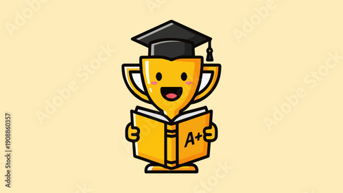 Happy trophy education logo, achievement learning mascot, bold consistent outline, flat design